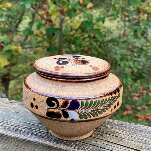 Pottery Hand Painted Mexican Stoneware Tonala Trinket Dish w/Lid Vintage - Picture 7 of 16